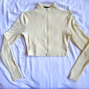 Whitefox Butter Yellow Ribbed Zip-Up Cropped Sweater